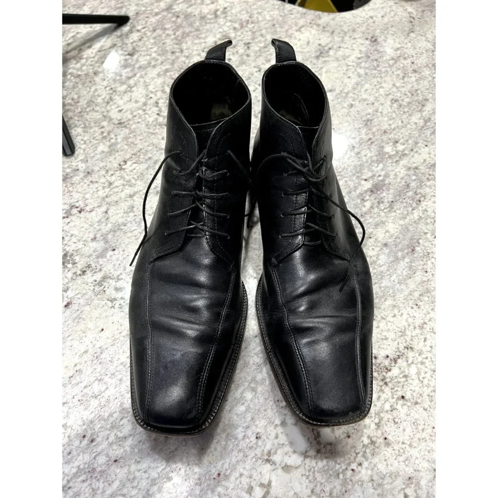 Hugo Boss Mens Black Leather Square Toe Chukka Boots Size 9 Lace Up Ankle 10750